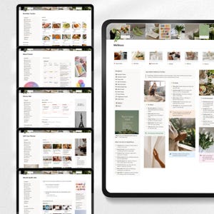 May include: Multiple digital tablets displaying wellness and self-care templates. The screens show layouts for nutrition, mood, fitness, and mental health tracking. The main tablet displays a "Wellness" dashboard with various sections and images.