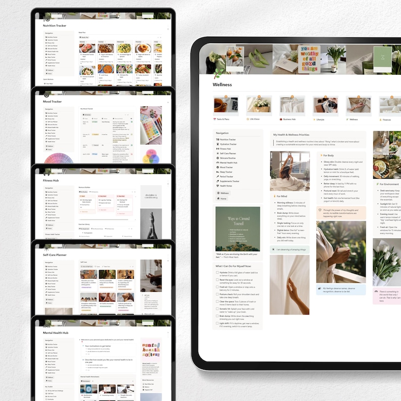 May include: Multiple digital tablets displaying wellness and self-care templates. The screens show layouts for nutrition, mood, fitness, and mental health tracking. The main tablet displays a "Wellness" dashboard with various sections and images.