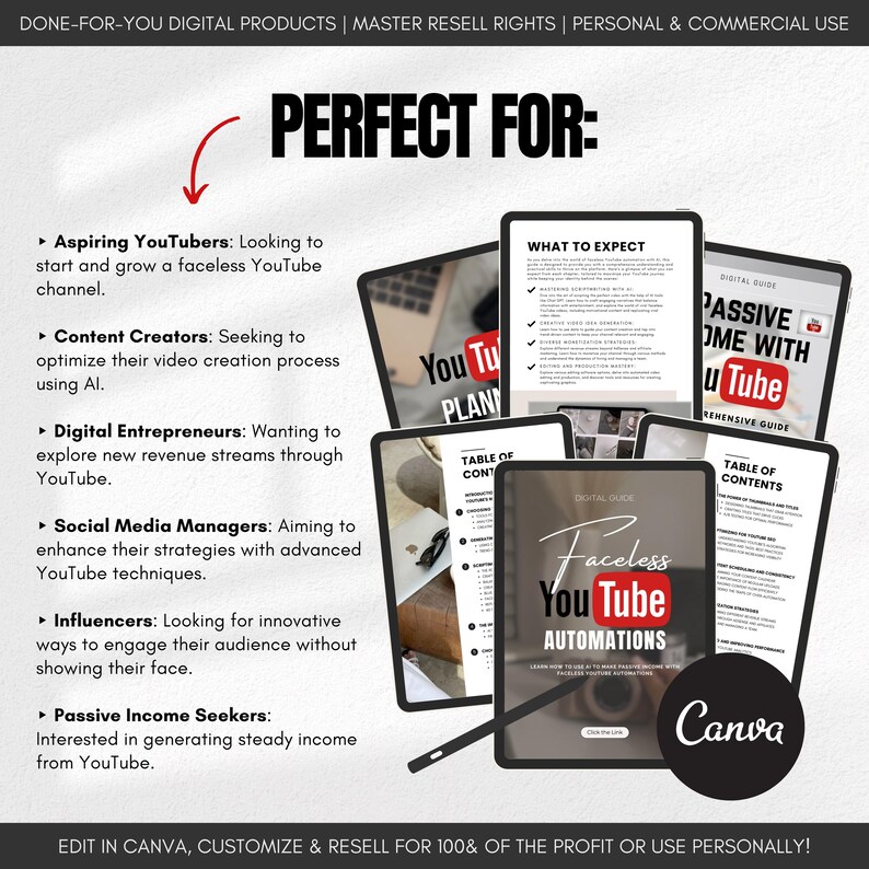 May include: A digital product mockup featuring a digital guide titled "Faceless YouTube Automations". The guide is designed for aspiring YouTubers, content creators, digital entrepreneurs, social media managers, influencers, and passive income seekers. The text "EDIT IN CANVA, CUSTOMIZE & RESELL FOR 100% OF THE PROFIT OR USE PERSONALLY!" is at the bottom of the image.