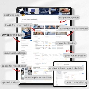 May include: A digital dashboard on a tablet and a smaller tablet, showcasing a personal brand dashboard. Features include a content calendar, goals tracker, and brand assets library. The design is minimalistic with an aesthetic look.