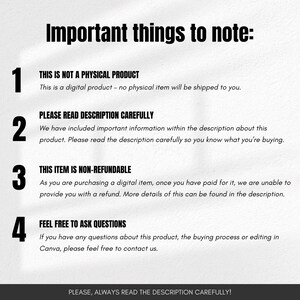 May include: A black and white graphic with the text "Important things to note:" followed by numbered points about a digital product. The text includes information about refunds and asking questions.