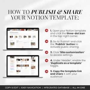 May include: Two laptops displaying a Notion template with instructions on how to publish and share it. The text includes steps like opening the template, clicking the three-dot icon, and copying the template link. The bottom of the image has the text: COPY & EDIT | EASY NAVIGATION | INTEGRATED DATABASE | ALL-IN-ONE.