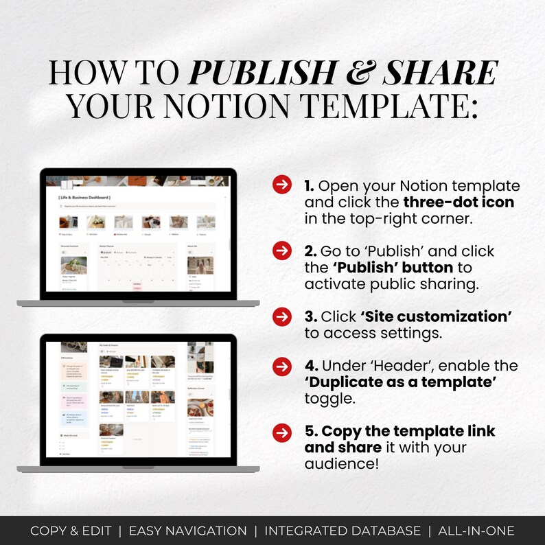 May include: Two laptops displaying a Notion template with instructions on how to publish and share it. The text includes steps like opening the template, clicking the three-dot icon, and copying the template link. The bottom of the image has the text: COPY & EDIT | EASY NAVIGATION | INTEGRATED DATABASE | ALL-IN-ONE.