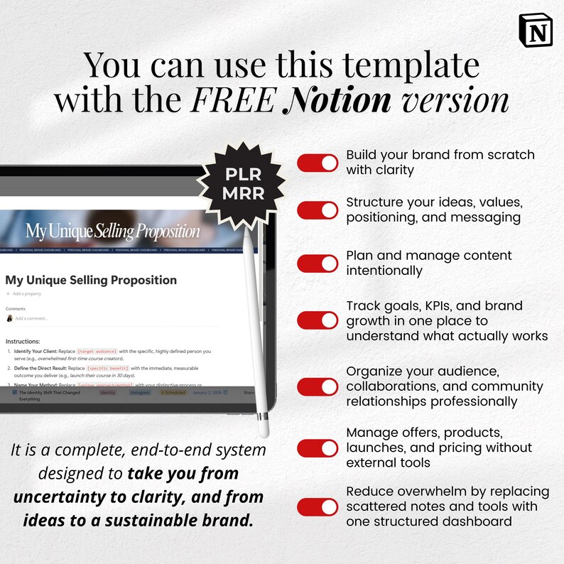 May include: A digital template displayed on a tablet, with the text "My Unique Selling Proposition." The image includes a stylus and a list of features, such as building a brand and managing content. The text reads, "You can use this template with the FREE Notion version."