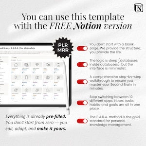 May include: A digital tablet displays a template for the FREE Notion version. The text reads, "You can use this template with the FREE Notion version." Additional text describes the template's features, including pre-filled content and the P.A.R.A. method.