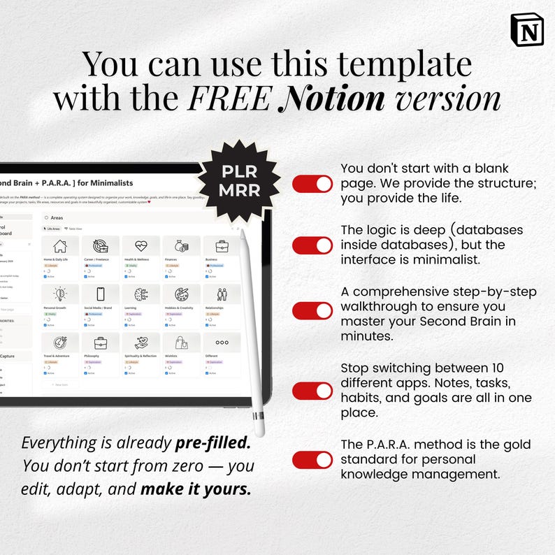 May include: A digital tablet displays a template for the FREE Notion version. The text reads, "You can use this template with the FREE Notion version." Additional text describes the template's features, including pre-filled content and the P.A.R.A. method.