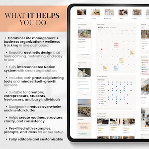 May include: A digital tablet displaying a productivity dashboard with calendar, task lists, and planning tools. The screen shows the text "WHAT IT HELPS YOU DO" and bullet points describing features like life management, business organization, and wellness tracking.
