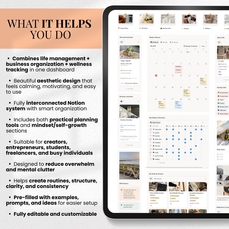 May include: A digital tablet displaying a productivity dashboard with calendar, task lists, and planning tools. The screen shows the text "WHAT IT HELPS YOU DO" and bullet points describing features like life management, business organization, and wellness tracking.