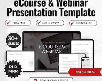 Op de afbeelding: Een digitale marketingtemplate voor het maken van een online cursus of webinar. De template is minimalistisch en bevat een inhoudsopgave, een cursusoverzicht en een welkomstdia. De template is beschikbaar voor persoonlijk en commercieel gebruik en bevat een Canva-handleiding. De tekst op de afbeelding luidt "30+ dia's", "PLR & MRR", "Bewerken in Canva", "Commercieel gebruik", "Online cursus & webinar", "Cursusoverzicht", "Inhoudsopgave", "Welkom bij onze cursus", "Een minimalistische template voor het maken van online cursussen & webinars", "Bonus: Canva-handleiding", "Bewerken in Canva, aanpassen en doorverkopen voor 100% van de winst of persoonlijk gebruiken!"