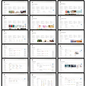 May include: A collection of digital tablet screens displaying various organizational categories. Each screen features a white background with black text and icons, showcasing topics like Home & Daily Life, Career, and Finances.