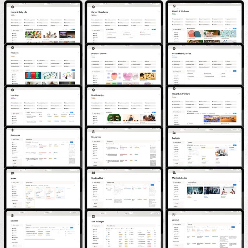 May include: A collection of digital tablet screens displaying various organizational categories. Each screen features a white background with black text and icons, showcasing topics like Home & Daily Life, Career, and Finances.