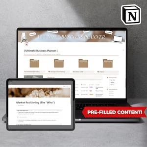 May include: A laptop and tablet displaying a business planner interface. The laptop screen reads "ULTIMATE BUSINESS PLANNER" and the tablet shows "Market Positioning (The 'Who')". A red banner states "PRE-FILLED CONTENT!"