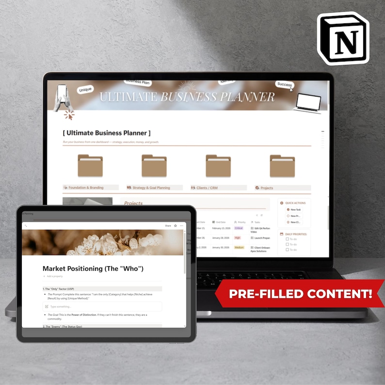 May include: A laptop and tablet displaying a business planner interface. The laptop screen reads "ULTIMATE BUSINESS PLANNER" and the tablet shows "Market Positioning (The 'Who')". A red banner states "PRE-FILLED CONTENT!"