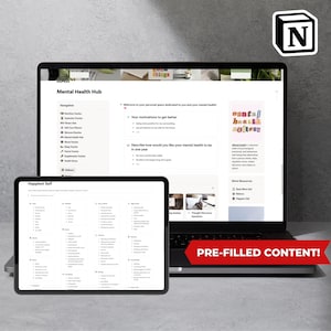 May include: A laptop and tablet displaying a digital mental health hub. The laptop screen shows a navigation menu and content titled "Mental Health Hub." The tablet displays a page titled "Happiest Self." A red banner reads "PRE-FILLED CONTENT!"
