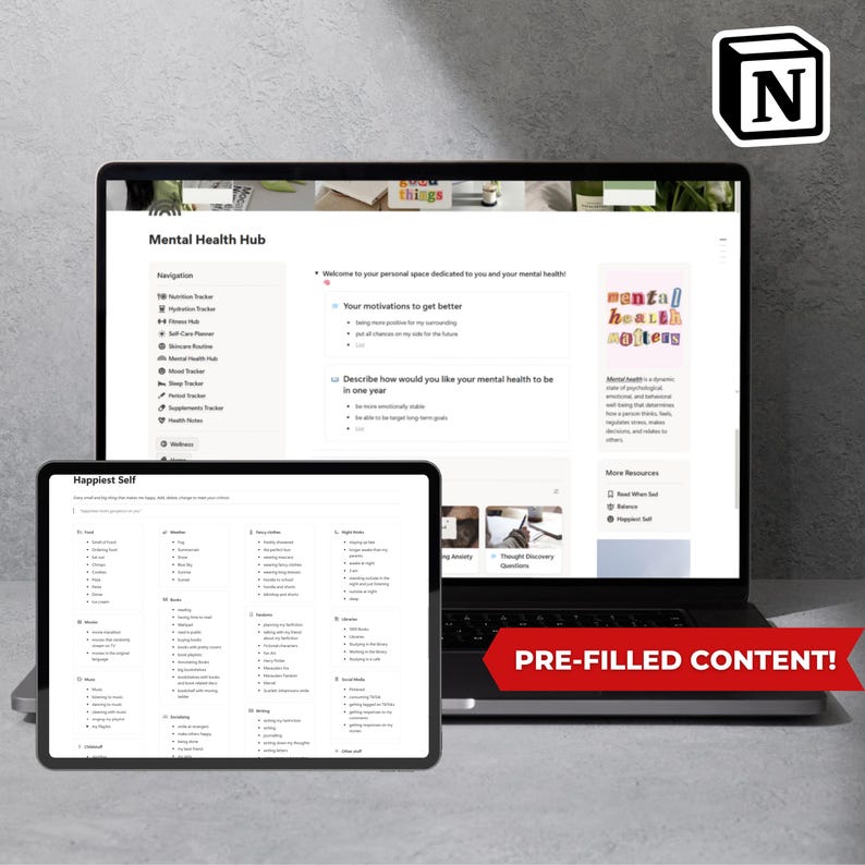 May include: A laptop and tablet displaying a digital mental health hub. The laptop screen shows a navigation menu and content titled "Mental Health Hub." The tablet displays a page titled "Happiest Self." A red banner reads "PRE-FILLED CONTENT!"