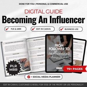 Puede incluir: Una guía digital titulada "De Seguidor a Influencer: La hoja de ruta para convertirte en un influencer" con una portada azul y blanca que muestra a una pareja tomándose de la mano. La guía incluye más de 70 páginas y un planificador de redes sociales. El texto "PLR & MRR", "Editar en Canva" y "Uso comercial" es visible en la imagen.