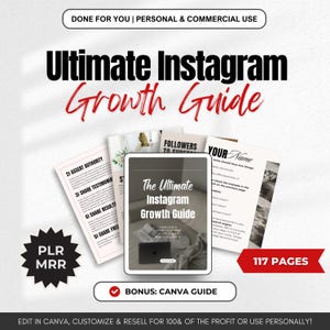 Op de afbeelding: Een "Ultimate Instagram Growth Guide" op een tablet, met de tekst "117 PAGES". De afbeelding bevat de tekst "DONE FOR YOU | PERSONAL & COMMERCIAL USE". Er zijn ook papieren met tekst rond de tablet.