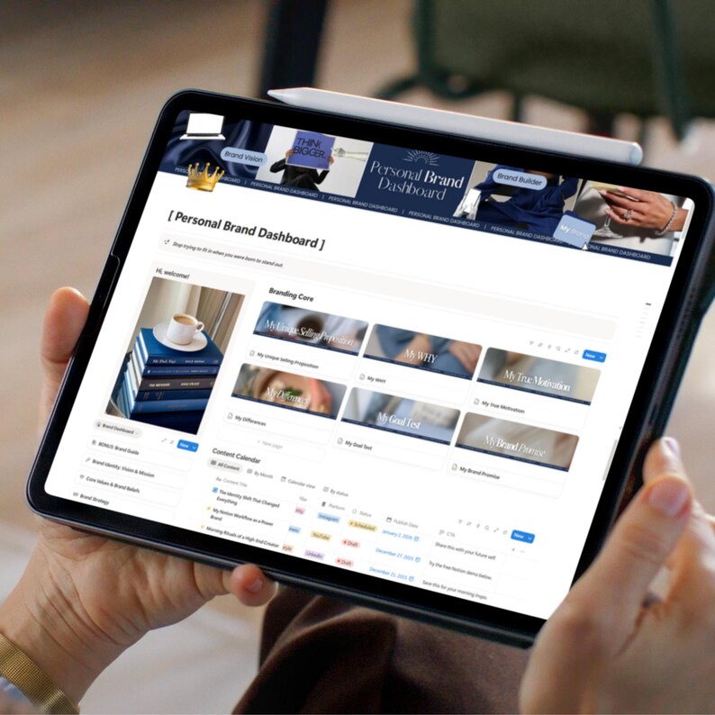 May include: A black tablet displaying a "Personal Brand Dashboard" interface. The screen shows various sections like "Branding Core" and "Content Calendar." A white stylus rests on top. The tablet is held in someone's hands.