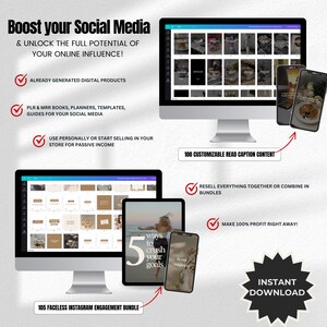 May include: Digital marketing bundle with a computer, tablet, and smartphones displaying social media content. Text includes "Boost your Social Media" and "105 Faceless Instagram Engagement Bundle." Also includes "Instant Download."