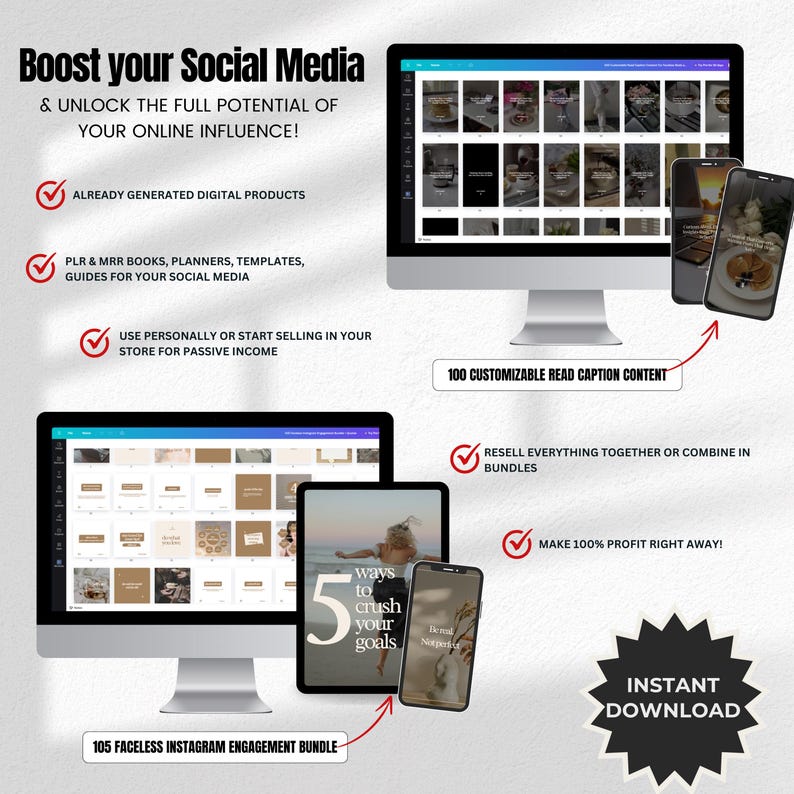 May include: Digital marketing bundle with a computer, tablet, and smartphones displaying social media content. Text includes "Boost your Social Media" and "105 Faceless Instagram Engagement Bundle." Also includes "Instant Download."
