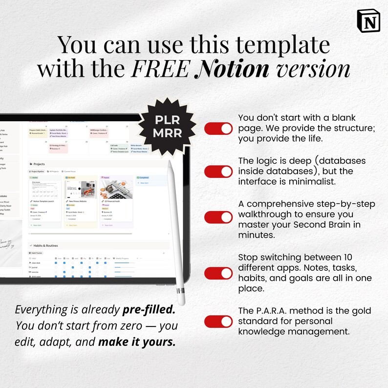 Second Brain Notion Planner - P.A.R.A. Method | Life Vision OS Tracker ...
