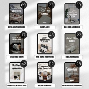 May include: Nine digital product guides displayed on tablets. Titles include "Digital Wealth Workbook," "Brand Planner," "250+ Hooks for Instagram & TikTok," "Social Media Secrets Guide," "1000+ Digital Products," "Social Media Bundle," "Guide to Selling Digital Goods," "Building Brand Guide," and "Organizing Your Digital Products."