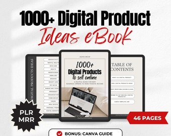 以下が含まれることがあります： ラップトップが表紙に描かれたデジタル製品アイデアの電子書籍の表紙。表紙は白黒で、赤いタイトルには「1000+ デジタル製品をオンラインで販売」と書いてあります。電子書籍は46ページで、ボーナスとしてCanvaガイドが含まれています。画像の左側には赤い円の中に「PLR MRR」というテキストがあります。