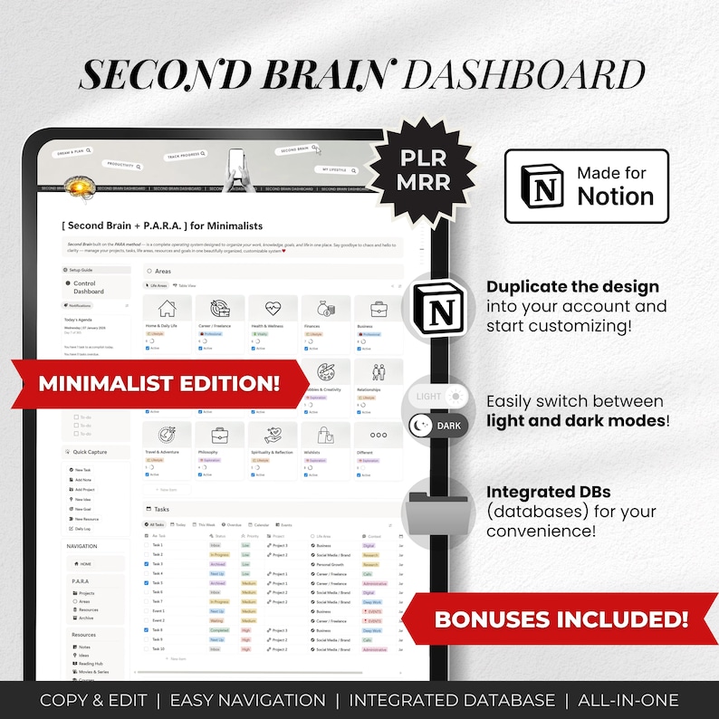 May include: A digital dashboard interface with the text "SECOND BRAIN DASHBOARD" at the top. The interface includes icons, text, and the words "MINIMALIST EDITION!" in a red banner. Additional text includes "Made for Notion" and "BONUSES INCLUDED!"
