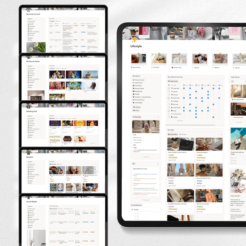 May include: A collection of digital tablet screens displaying a lifestyle and productivity app interface. The screens show various sections, including personal journals, movies, reading hubs, and social media feeds, with a clean, minimalist design.