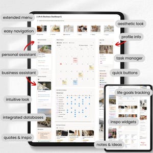 May include: A digital tablet displaying a "Life & Business Dashboard" interface. The screen showcases features like an extended menu, easy navigation, personal and business assistant tools, and integrated databases. Additional features include life goals tracking and inspo widgets.