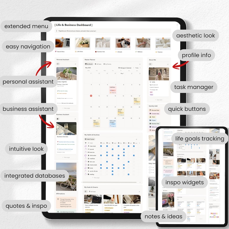 May include: A digital tablet displaying a "Life & Business Dashboard" interface. The screen showcases features like an extended menu, easy navigation, personal and business assistant tools, and integrated databases. Additional features include life goals tracking and inspo widgets.