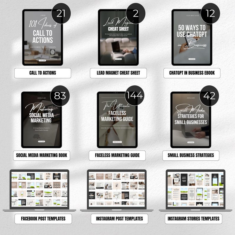 May include: A collection of digital marketing resources displayed on tablets and laptops. The image features ebooks on topics like call to actions, lead magnets, and social media marketing. Also includes templates for Facebook, Instagram posts, and stories.