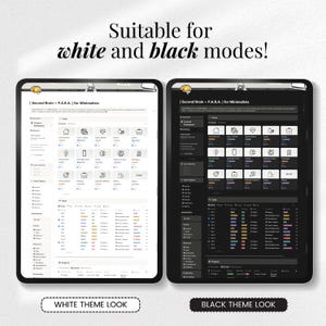 May include: Two digital tablets side-by-side, showcasing a minimalist interface in white and black themes. The text reads "Suitable for white and black modes!" and "White Theme Look" and "Black Theme Look". The interface includes icons and text.