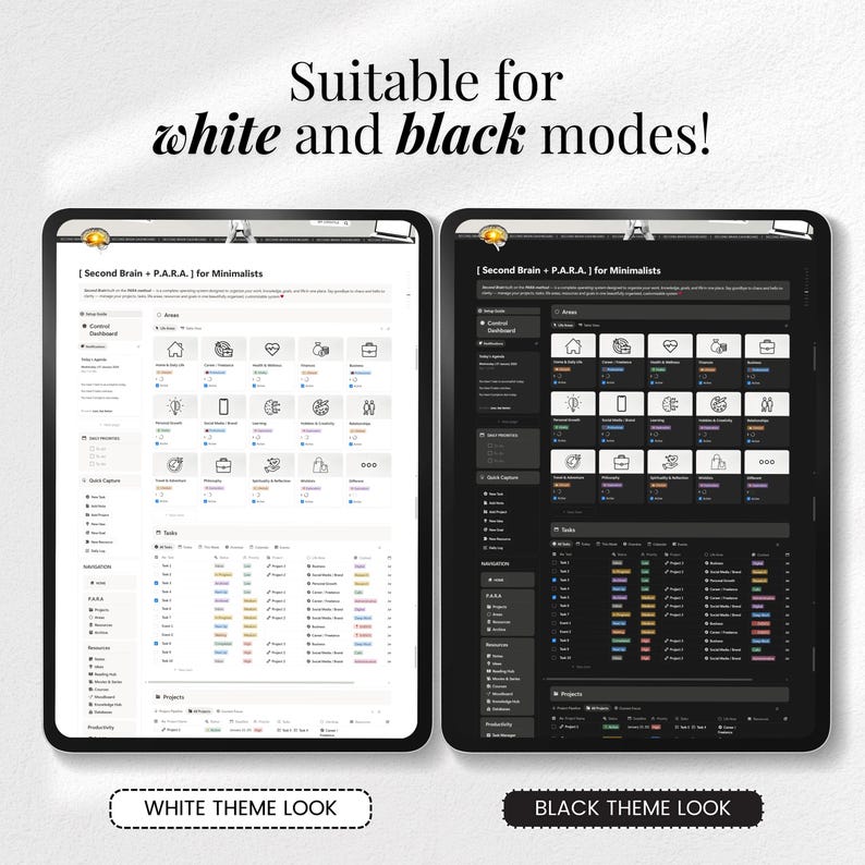 May include: Two digital tablets side-by-side, showcasing a minimalist interface in white and black themes. The text reads "Suitable for white and black modes!" and "White Theme Look" and "Black Theme Look". The interface includes icons and text.