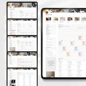 May include: A collection of digital tablet screens displaying business management and planning interfaces. The screens show various sections, including branding, strategy, clients, projects, and a business hub with a calendar. The color scheme is primarily white and beige.
