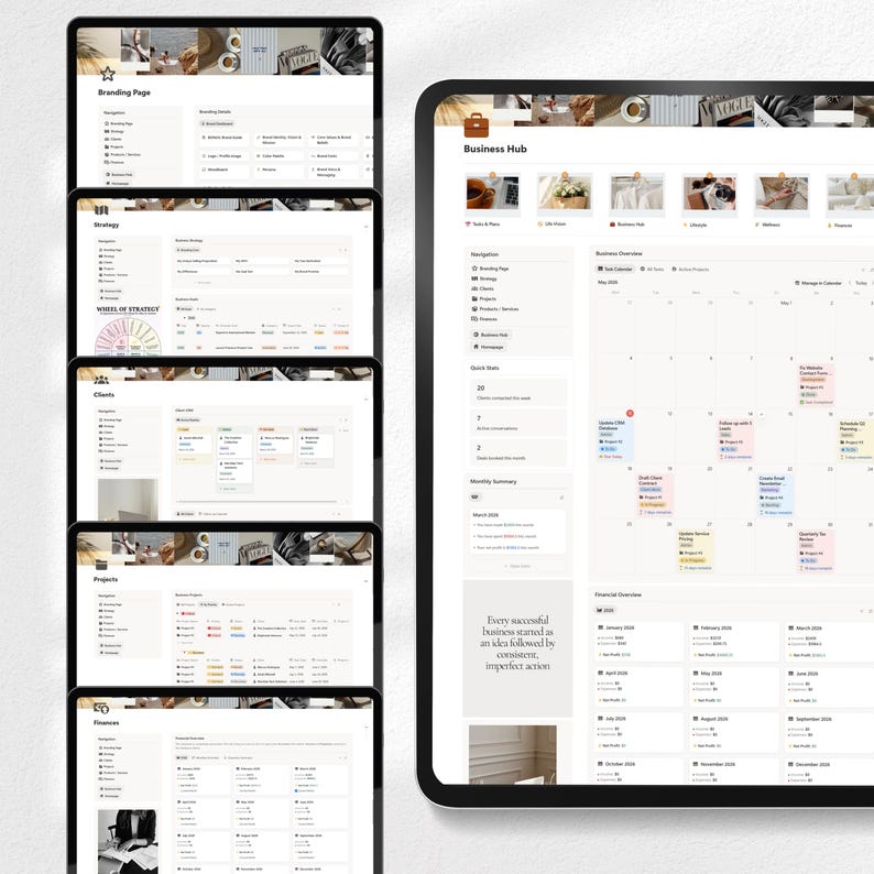 May include: A collection of digital tablet screens displaying business management and planning interfaces. The screens show various sections, including branding, strategy, clients, projects, and a business hub with a calendar. The color scheme is primarily white and beige.