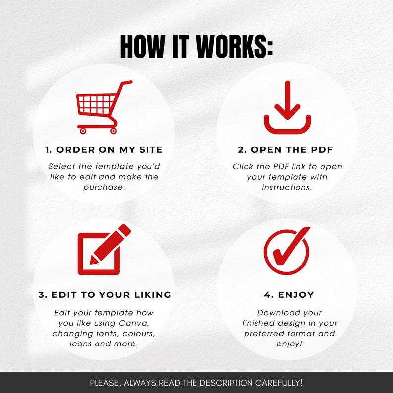 May include: An infographic titled "HOW IT WORKS" with four steps. Each step is in a white circle with a red icon and text. The steps are: Order on my site, Open the PDF, Edit to your liking, and Enjoy. The bottom of the image reads "PLEASE, ALWAYS READ THE DESCRIPTION CAREFULLY!"