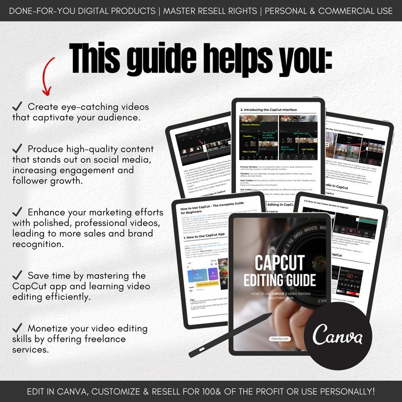 May include: A digital guide for learning how to use the CapCut video editing app. The guide includes tips on creating eye-catching videos, producing high-quality content, and enhancing marketing efforts. The guide is available for download and can be customized and resold. The guide is also available for personal use. The guide is designed to help users master the CapCut app and learn video editing efficiently. The guide is also designed to help users monetize their video editing skills by offering freelance services. The guide is available in Canva.