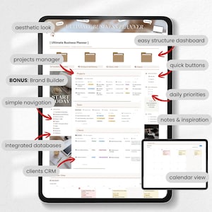 May include: A digital business planner displayed on a tablet, featuring an aesthetic look and easy structure dashboard. Includes projects manager, quick buttons, daily priorities, notes & inspiration, and a calendar view. The planner also has integrated databases and a clients CRM.