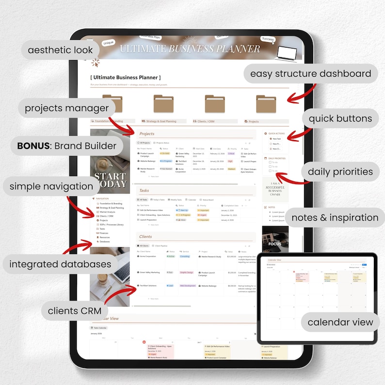 May include: A digital business planner displayed on a tablet, featuring an aesthetic look and easy structure dashboard. Includes projects manager, quick buttons, daily priorities, notes & inspiration, and a calendar view. The planner also has integrated databases and a clients CRM.