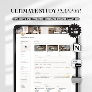 May include: A digital Ultimate Study Planner interface featuring a notification center, course modules, assignment trackers, and academic resources. The layout includes a navigation menu, a Notion icon, and toggle buttons for day and night mode settings.