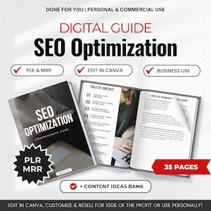 Könnte beinhalten: Ein digitaler Leitfaden mit dem Titel "SEO Optimization: Comprehensive Guide" mit einem roten Stern und dem Text "PLR MRR". Der Leitfaden umfasst 35 Seiten und beinhaltet ein Inhaltsverzeichnis, Ideen für Inhalte und Informationen zum lokalen SEO. Der Leitfaden ist für den persönlichen und kommerziellen Gebrauch verfügbar.
