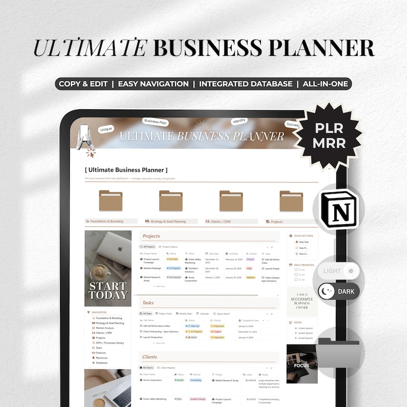 May include: A digital business planner displayed on a tablet. The screen shows the words "ULTIMATE BUSINESS PLANNER" and "COPY & EDIT | EASY NAVIGATION | INTEGRATED DATABASE | ALL-IN-ONE". The planner includes sections for projects, tasks, and clients.