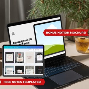 May include: A laptop and tablet displaying digital notes and mockups. The laptop screen shows a landscape image and the text "BONUS NOTION MOCKUPS!". The tablet displays several note templates. The text "FREE NOTES TEMPLATES!" is visible.