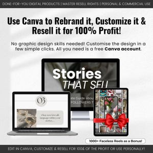 以下が含まれることがあります： ラップトップの画面に「Stories That Sell」というテキストが表示されたデジタル製品のモックアップ。画像には、画像のコラージュが施されたタブレットと、画面に「Okay now lets talk language within your stories...」というテキストが表示されたラップトップも含まれています。「1000+ Faceless Reels as a Bonus!」というテキストは画像の下部に表示されています。