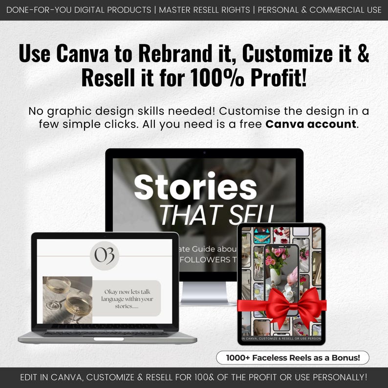 以下が含まれることがあります： ラップトップの画面に「Stories That Sell」というテキストが表示されたデジタル製品のモックアップ。画像には、画像のコラージュが施されたタブレットと、画面に「Okay now lets talk language within your stories...」というテキストが表示されたラップトップも含まれています。「1000+ Faceless Reels as a Bonus!」というテキストは画像の下部に表示されています。