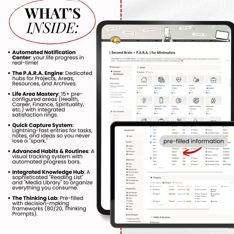 May include: Two tablets displaying a digital productivity system. The top tablet shows a dashboard with icons and the text "Second Brain + P.A.R.A. for Minimalists." The bottom tablet displays a list with the words "pre-filled information" and an arrow.