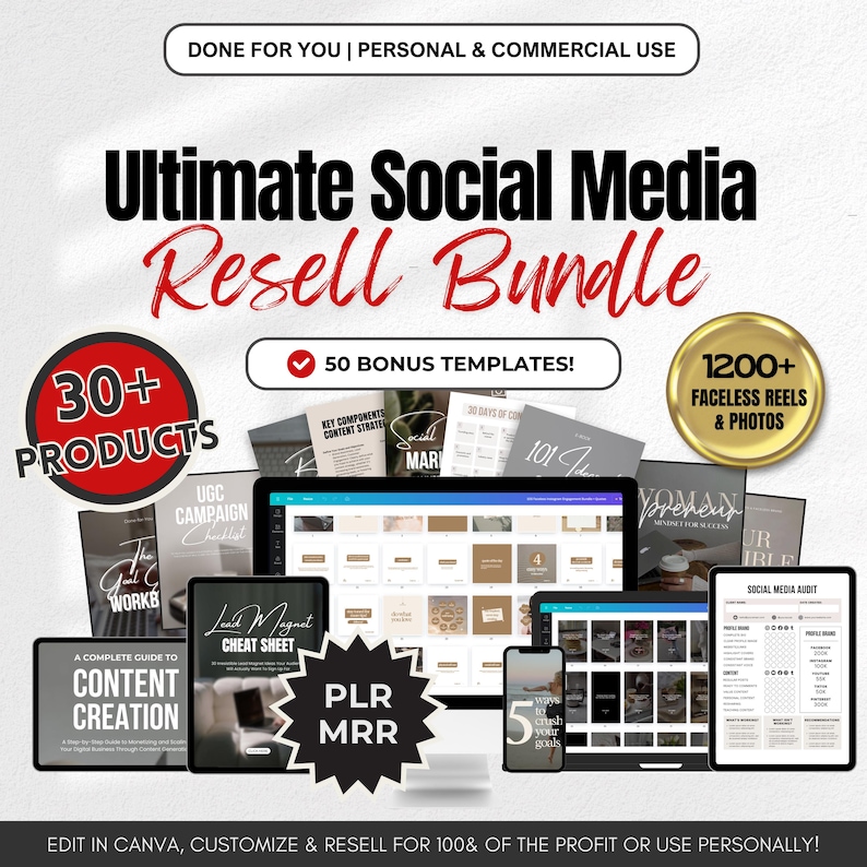 May include: An advertisement for the "Ultimate Social Media Resell Bundle" featuring various digital products. The image includes tablets, phones, and documents with text like "30+ Products," "50 Bonus Templates," and "1200+ Faceless Reels & Photos."