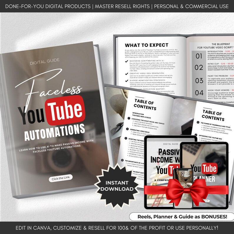 May include: A digital guide titled "Faceless YouTube Automations" with a red and white starburst graphic. The guide teaches how to use AI to make passive income with faceless YouTube automations. The guide includes a table of contents, a blueprint for YouTube video scripts, and a YouTube planner. The guide is available for instant download. The text "Edit in Canva, Customize & Resell for 100% of the Profit or Use Personally!" is at the bottom of the image.