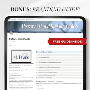 May include: A digital tablet displays a "Personal Brand Building Guide." The screen shows a guide with sections on brand identity, core values, brand strategy, and social media. A red banner reads "FREE GUIDE INSIDE!" with the text "BONUS: BRANDING GUIDE!" at the top.